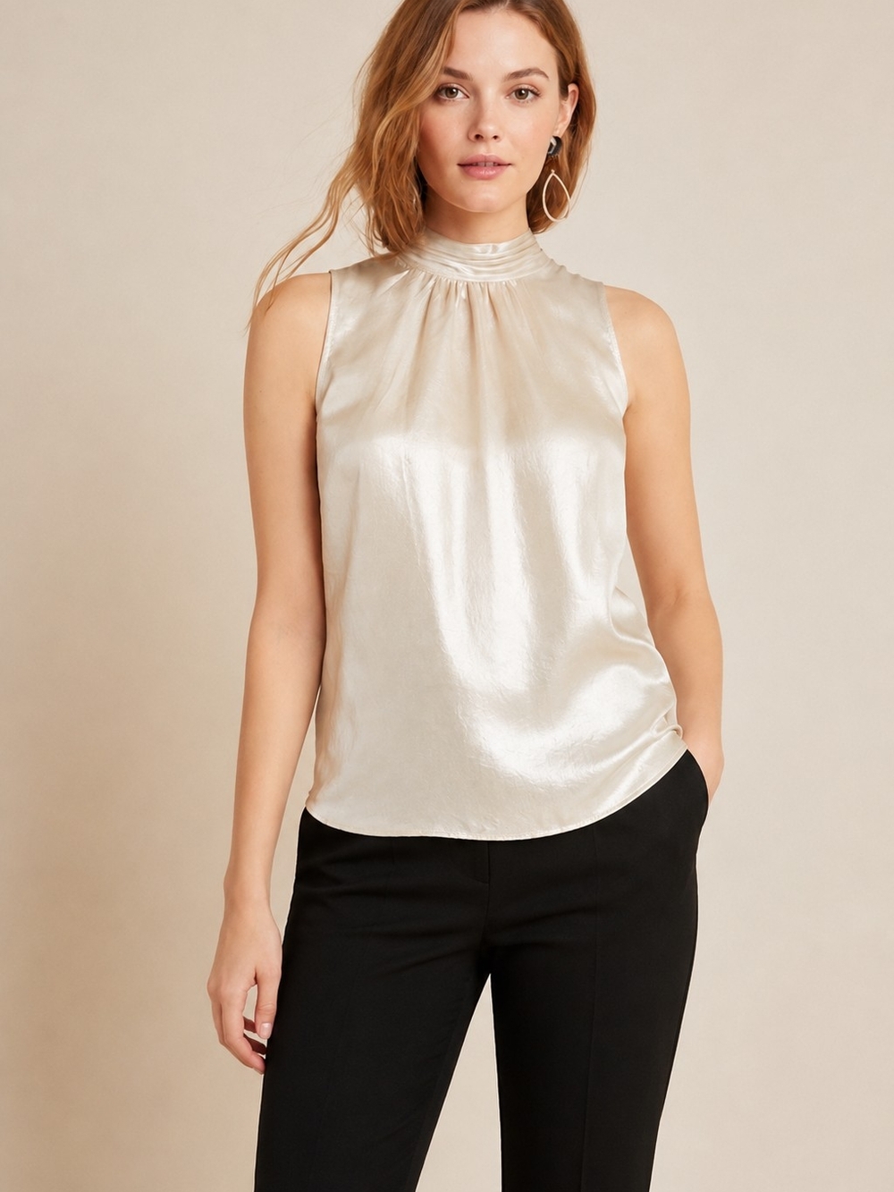 Maeve Metallic Mock-Neck Satin Camisole in Light Champagne